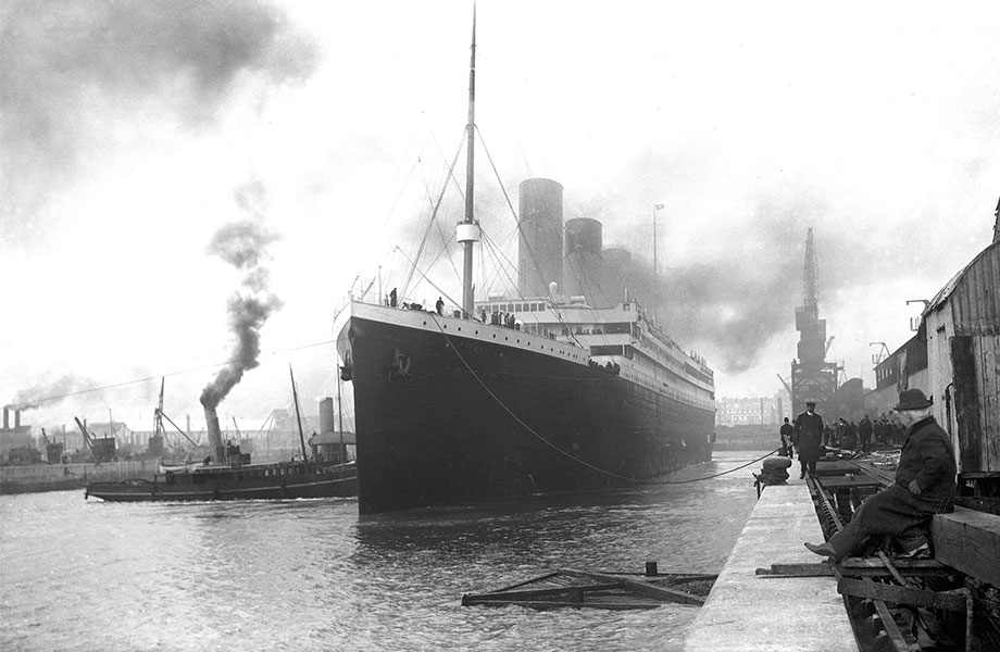 Historic image of Titanic ship anchored at the dock